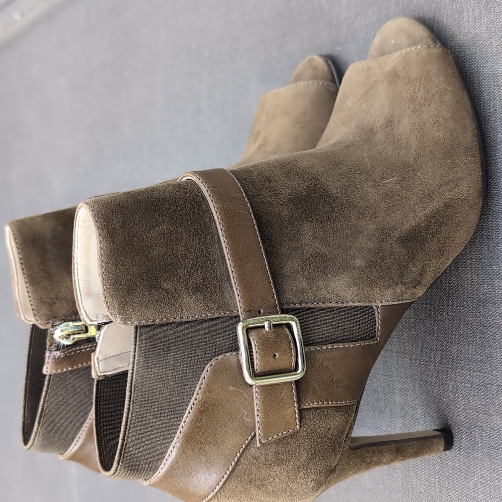 New Marc Fisher Brown Shimmee Suede Peep Toe Bootie, Sz 6.5.